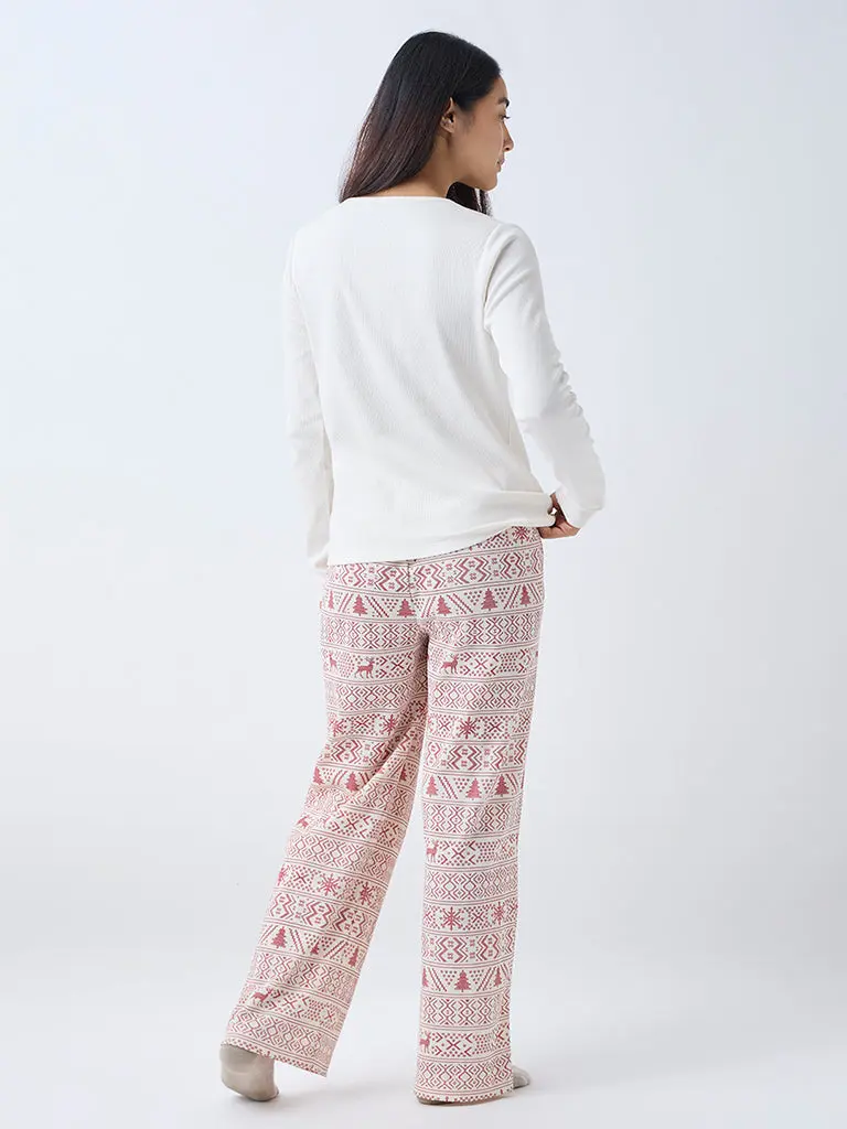 Wunderlove Off-White Christmas-Inspired High-Rise Pants (S)