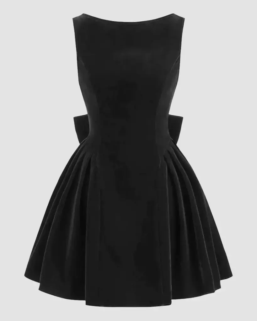 Velvet Boat Neck Bowknot Backless Short Midi Dress In Black