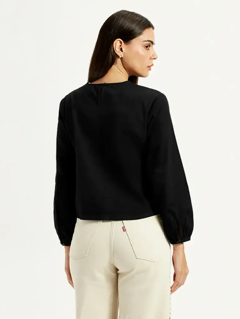 Women's Embroidered Black Round Neck Top (Black, S)