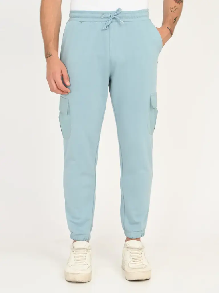 Men's Light Green Regular Fit Mid Rise Joggers (Blue, M)